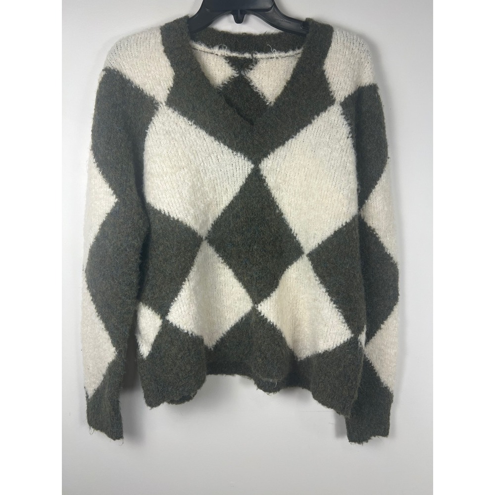 Women's Argyle V Neck Sweater Loose Fit Acrylic Green‎ Cream Sz F